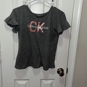 brand: calvin klein jeans. size: L (12-14). color: gray, with pink writing